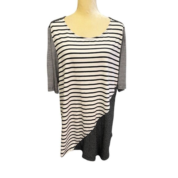 Ali Miles Black/White Striped Tunic Top Stretch Knit Blouse Size Large - Picture 1 of 7